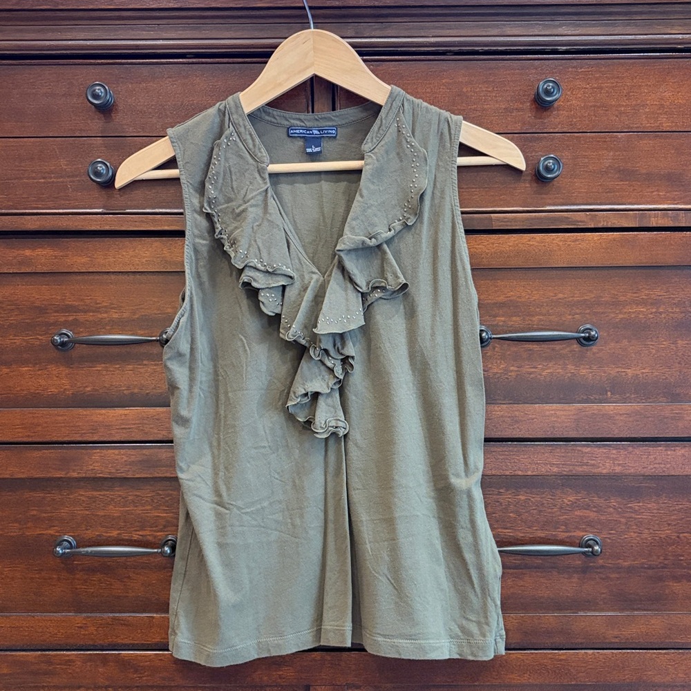 American Living Women's Olive Ruffle Neck Sleeveless Cotton Blouse Top Size L - Picture 16 of 16